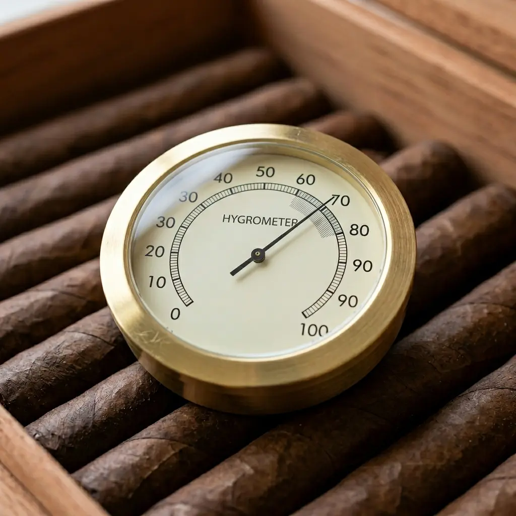Analoges Hygrometer mit Messskala auf Zigarren in einem geöffneten Holzhumidor – Kontrolle der relativen Luftfeuchtigkeit bei der Zigarrenlagerung