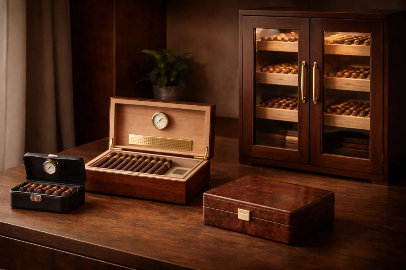 Reisehumidor, Tischhumidor und großer Schrankhumidor nebeneinander auf einem Tisch